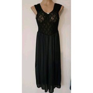 Vintage Gloria Vanderbilt Black Nylon Nightgown Lace Bodice Size M
